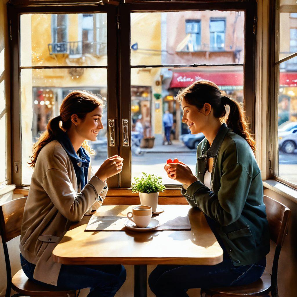 A warm, inviting scene of two friends sharing a deep conversation in a cozy café, with soft sunlight spilling through the windows. Include elements that symbolize friendship turning to romance, like intertwined hands and a subtle heart shape in the background. The ambiance should be intimate and heartwarming, capturing the essence of developing deeper connections. watercolor effect. vibrant colors. soft focus.