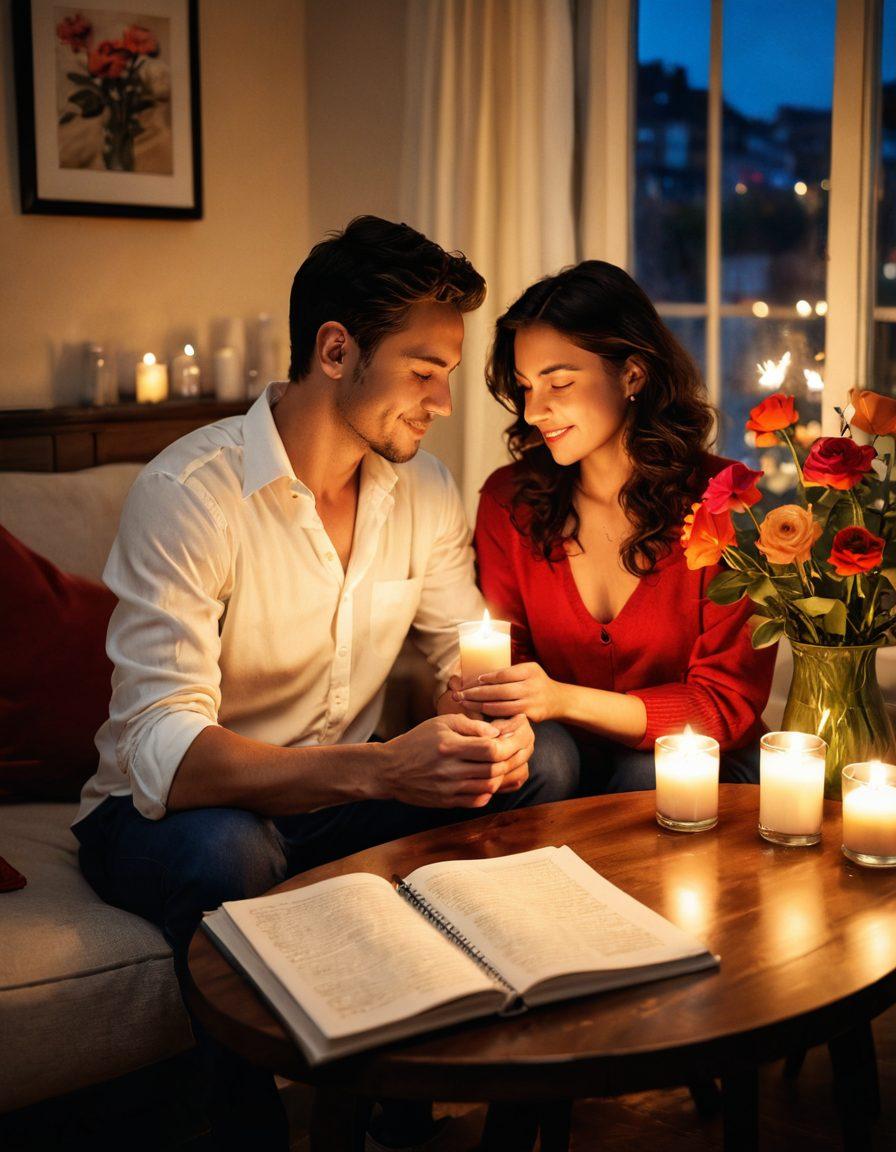 A warm, inviting scene of a couple sitting together in a cozy, softly lit room, sharing an intimate moment surrounded by heart-shaped candles and vibrant flowers, symbolizing love and connection. Include a notebook and a steaming cup of tea on a small table nearby, suggesting deep conversations and emotional bonding. The atmosphere should evoke feelings of warmth and romance, with soft textures and rich colors. super-realistic. vibrant colors. soft lighting.