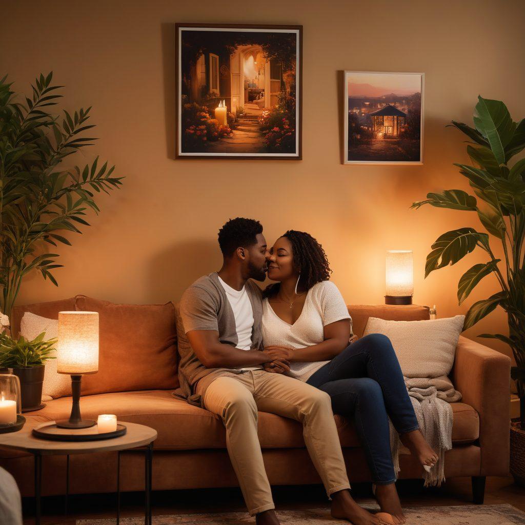 A warm, intimate scene of a diverse couple sharing a cozy moment in a beautifully decorated living room, surrounded by soft lighting and personal touches like framed photos. They are engaged in deep conversation, showcasing trust and affection through their body language, while gentle elements like plants and candles enhance the atmosphere of togetherness. The color palette is soft and inviting, promoting a sense of love and connection. super-realistic. warm tones. cozy atmosphere.